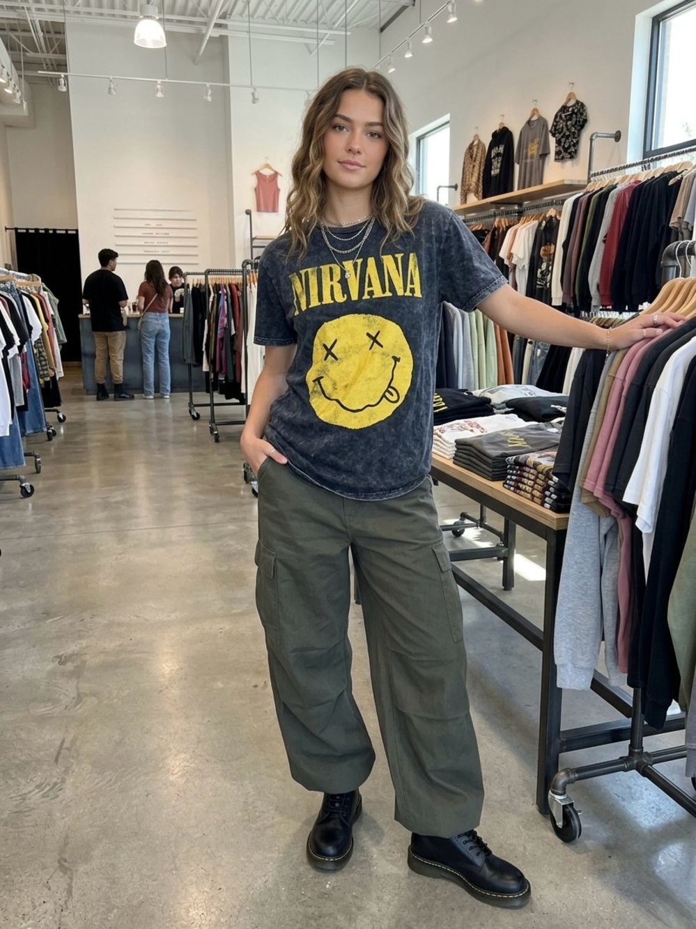Nirvana Smiley Face Graphic T-Shirt Acid Wash Grey Black Oversized Boxy Womens M